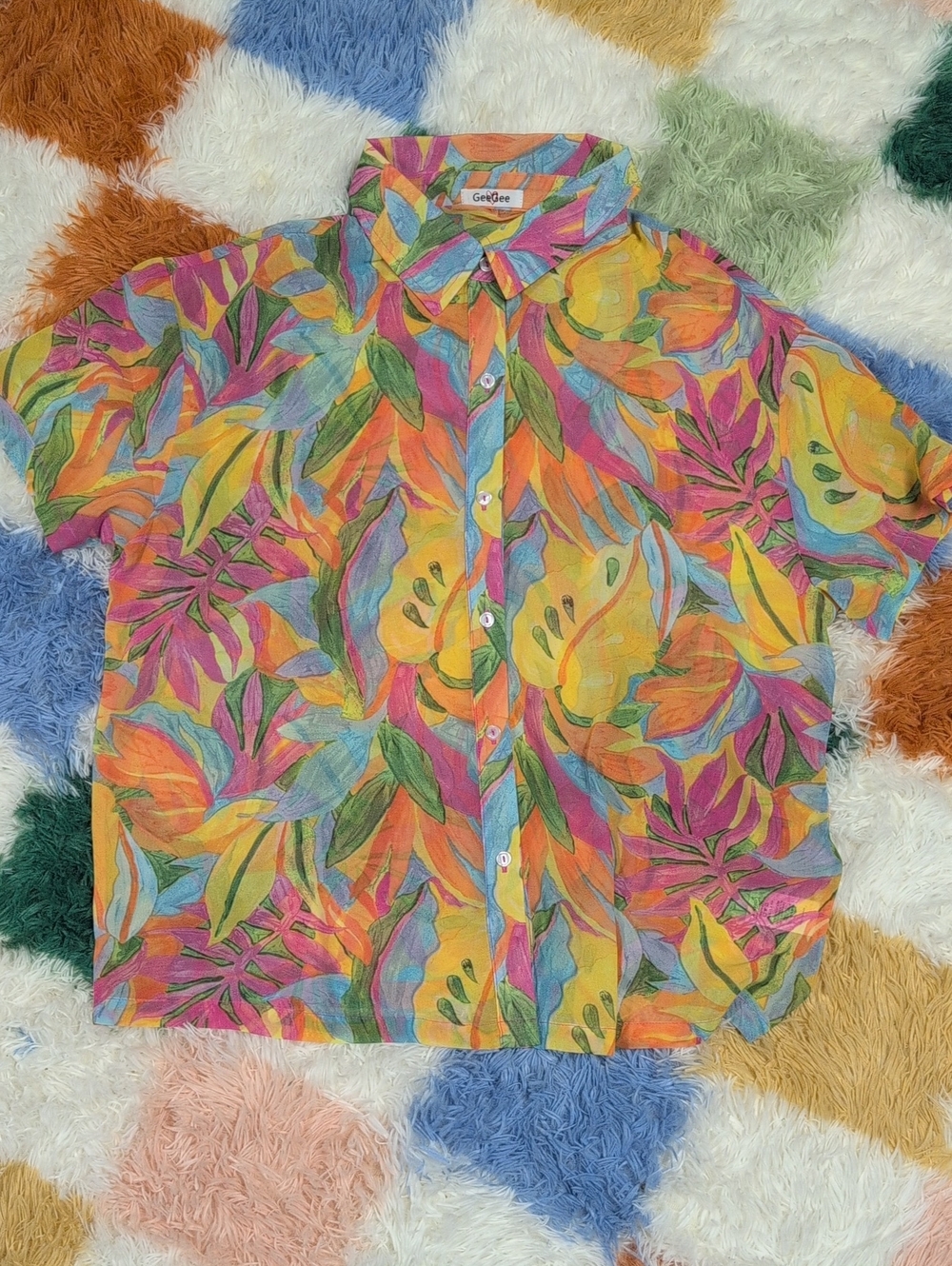 Multicolor Tropical Print Women's Button-Up Shirt